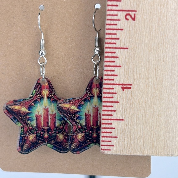 Christmas Star Candle Earrings 2D Acrylic - Picture 2 of 2